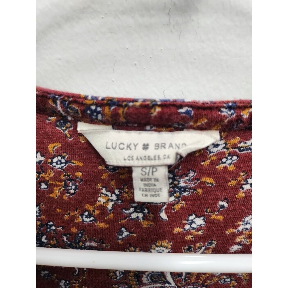Lucky Brand Womens Blouse Small Maroon Blue Tie Neck Beaded Long Sleeve BOHO - Picture 3 of 6